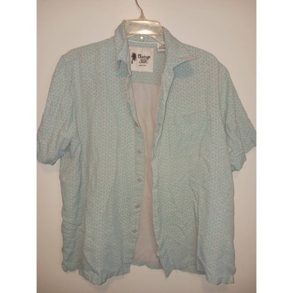 Vintage Silk Green Print Short Sleeve‎ Button Down Top L